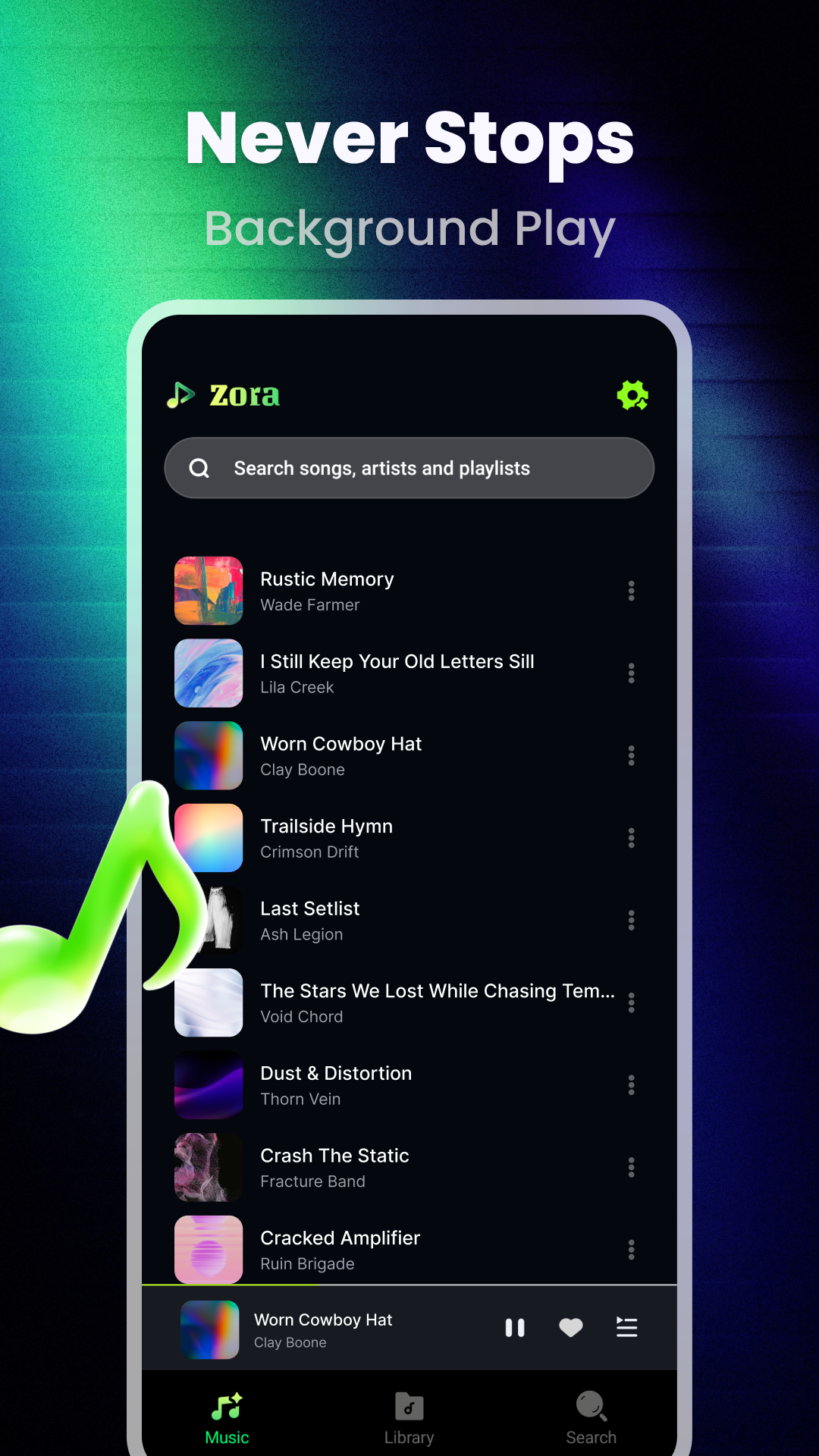 Zora app music list showing background playback