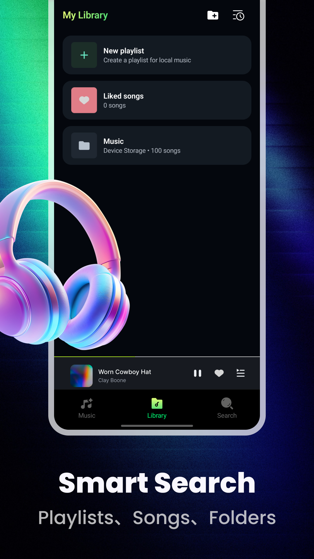 Zora library screen for playlists songs and folders